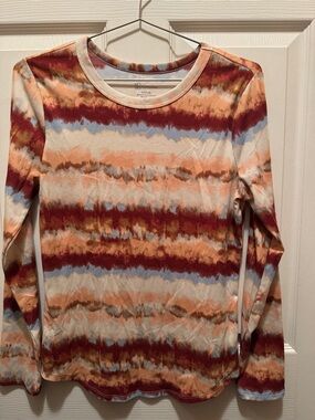 No Boundaries Ribbed Long-Sleeve Tie-Dye Stripe Top - Rust, Tan & Light Blue